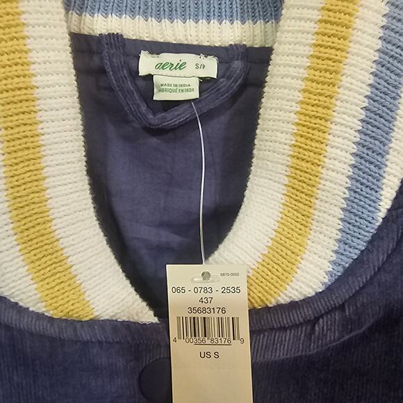 Aerie Corduroy Varsity Bomber Jacket NWT Blue Cream Retro Style  Size S - Picture 5 of 5